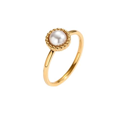 Titanium Steel Finger Ring with Plastic Pearl gold color plated & for woman US Ring Sold By PC