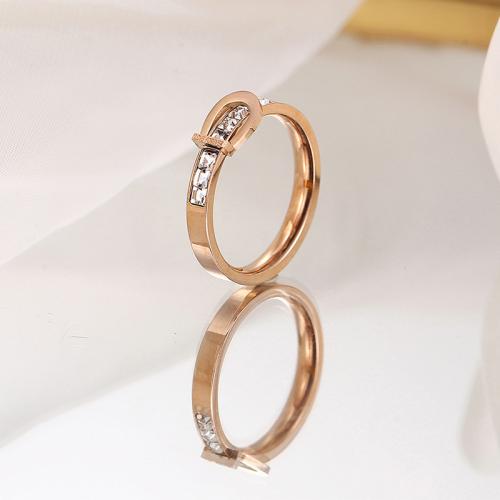 Titanium Steel Finger Ring Belt Buckle rose gold color plated & micro pave cubic zirconia & for woman US Ring Sold By PC
