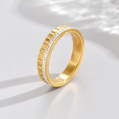 Titanium Steel Finger Ring, arany színű aranyozott, különböző méretű a választás & a nő & strasszos, Méret:6-10, Által értékesített PC