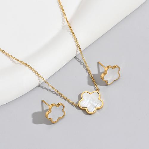 Titanium Steel Jewelry Set Stud Earring & necklace with Shell Flower gold color plated 2 pieces & for woman Sold By Set