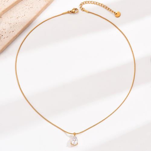304 Stainless Steel Necklace with 2inch extender chain Teardrop gold color plated snake chain & for woman & with cubic zirconia Length Approx 15.7 Inch Sold By PC