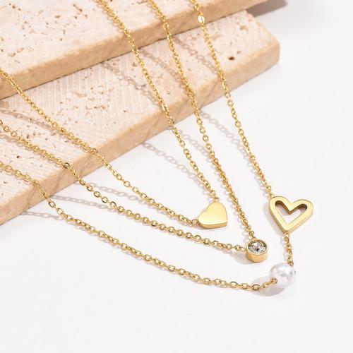 Titanium Steel Necklace with Plastic Pearl with 2.36inch extender chain Heart gold color plated three layers & micro pave cubic zirconia & for woman Length Approx 15 Inch Sold By PC