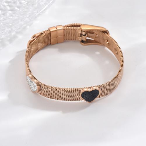 Titanium Steel Bracelet Heart rose gold color plated adjustable & micro pave cubic zirconia & for woman Length Approx 6-9 Inch Sold By PC