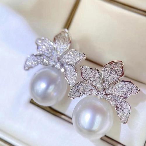 Boucles d'oreilles en laiton zircon cubique pavent, avec perle de plastique, bijoux de mode & pavé de micro zircon & pour femme, 20mm, Vendu par paire