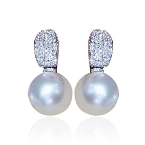 Boucles d'oreilles en laiton zircon cubique pavent, avec perle de plastique, bijoux de mode & pavé de micro zircon & pour femme, 26mm, Vendu par paire