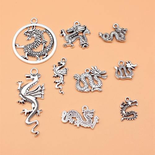 Zinc Alloy Animal Pendants Dragon antique silver color plated DIY Sold By Set