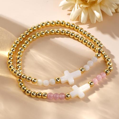 Brass Bracelet, with White Lip Shell & Gemstone Chips, Cross, gold color plated, for woman, more colors for choice, Length:17.5 cm, Sold By PC