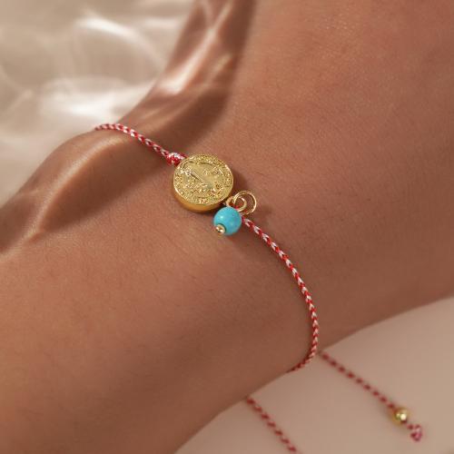 Bracelet en alliage de zinc, avec Fil de coton & turquoise, Placage de couleur d'or, pour femme, Vendu par PC