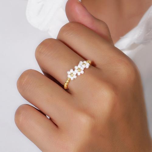 Finger Ring Jewelry, Seedbead, with Brass, Flower, gold color plated, for woman, white, Length:6 cm, Sold By PC