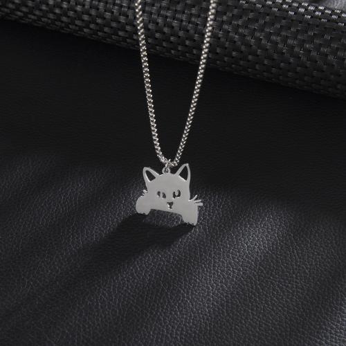 Stainless Steel Sweater Chain Necklace, 304 Stainless Steel, Cat, silver color plated, for woman, 31x26mm, Length:60 cm, Sold By PC