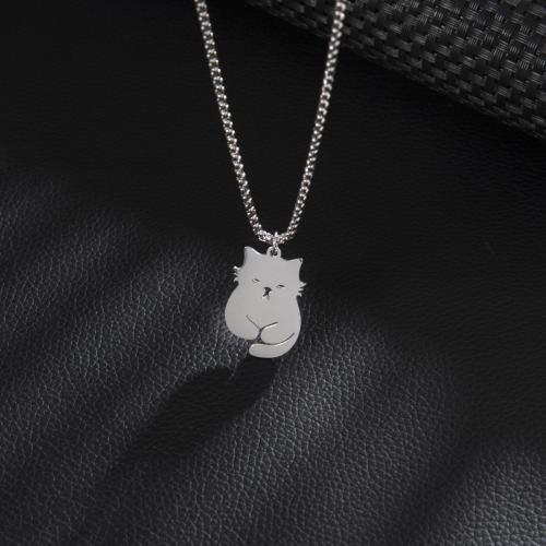 Stainless Steel Sweater Chain Necklace, 304 Stainless Steel, Cat, silver color plated, for woman, 20x30mm, Length:60 cm, Sold By PC