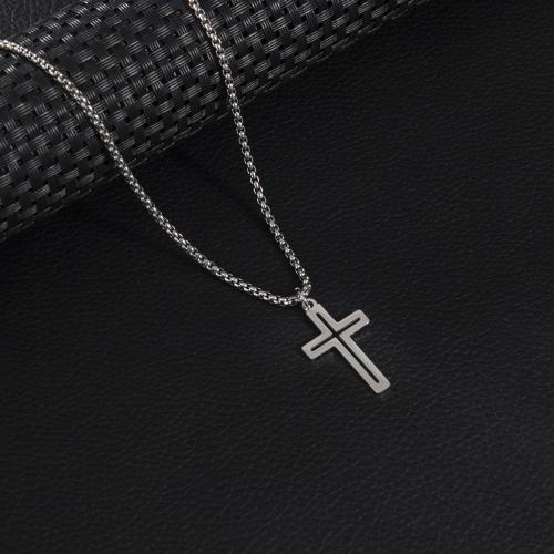 Stainless Steel Sweater Chain Necklace, 304 Stainless Steel, Cross, silver color plated, Unisex & hollow, 18x31mm, Length:60 cm, Sold By PC