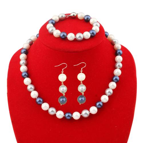 Shell Pearl Conjunto de Jóias, três peças & joias de moda, cores misturadas, Bead size: 10mm, bracelet length: 19cm, necklace length: 45cm, vendido por Defina