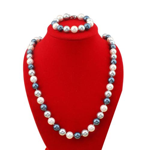 Shell Pearl Jewelry Set, 2 pieces & fashion jewelry, mixed colors, Bead size: 12mm, bracelet length: 19cm, necklace length: 65cm, Sold By Set