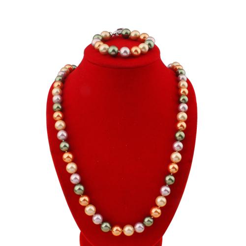 Shell Pearl Jewelry Set, 2 pieces & fashion jewelry, mixed colors, Bead size: 12mm, bracelet length: 19cm, necklace length: 70cm, Sold By Set