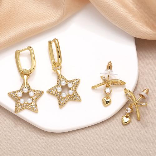 Cubic Zirconia Micro Pave Brass Earring with Plastic Pearl gold color plated fashion jewelry & micro pave cubic zirconia golden nickel lead & cadmium free Sold By Pair