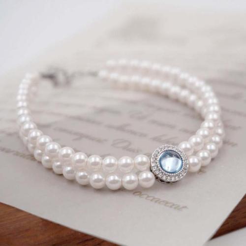 Crystal Pearl Bracelet, with Aquamarine & Brass, with 5cm extender chain, fashion jewelry, white, nickel, lead & cadmium free, Length:18 cm, Sold By PC