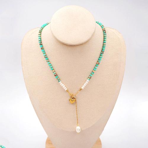 Fashion Turquoise Necklace, with Titanium Steel & Freshwater Pearl, with 8cm extender chain, fashion jewelry, blue, nickel, lead & cadmium free, Length:38 cm, Sold By PC