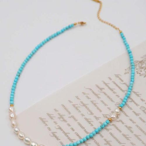 ensemble de bijoux turquoise, avec Acier titane & perle d'eau douce cultivée, bijoux de mode & styles différents pour le choix, bleu, Necklace length: 38+6cm, bracelet length: 18+5cm, Vendu par PC