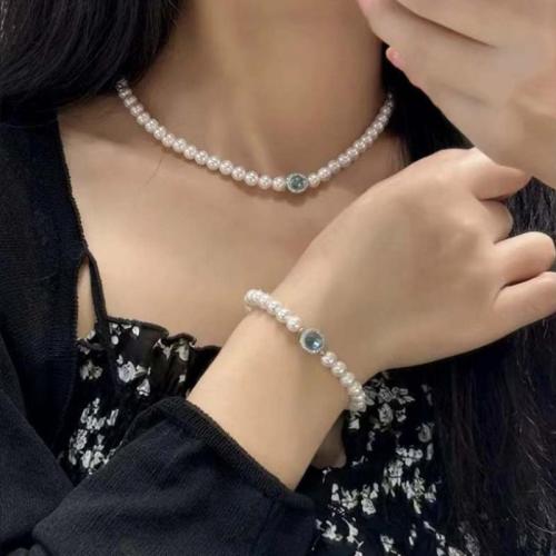 Crystal Pearl Jewelry Set, with Titanium Steel & Aquamarine & Brass, fashion jewelry & different styles for choice, mixed colors, Necklace length: 42cm, bracelet length: 18+4cm, Sold By PC