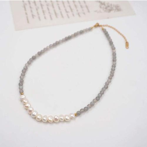 Moonstone Jewelry Set, with Titanium Steel & Freshwater Pearl, fashion jewelry & different styles for choice, more colors for choice, Necklace length: 38+6cm, bracelet length: 16+5cm, Sold By PC