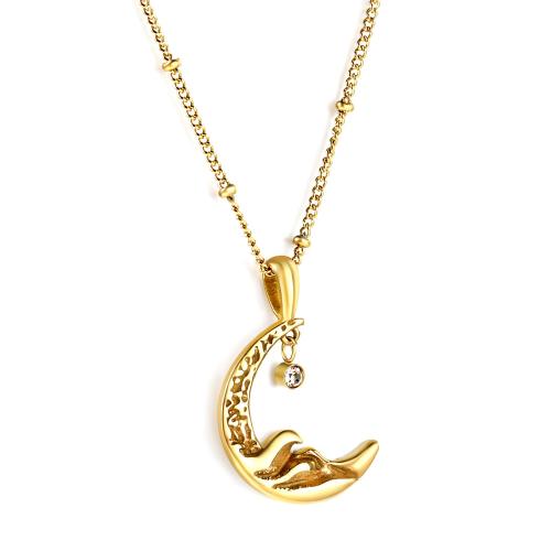 Stainless Steel Jewelry Necklace 304 Stainless Steel with 5cm extender chain Moon gold color plated fashion jewelry & for woman & with rhinestone Length 45 cm Sold By PC