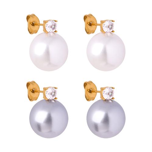 Titanium Steel  Earring with Plastic Pearl gold color plated fashion jewelry & for woman & with rhinestone Sold By Pair