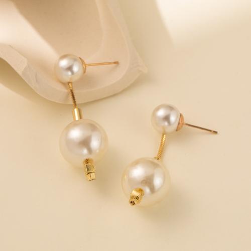 Tibetan Style Stud Earring, with Plastic Pearl, fashion jewelry & for woman, gold, nickel, lead & cadmium free, 45x14mm, Sold By Pair