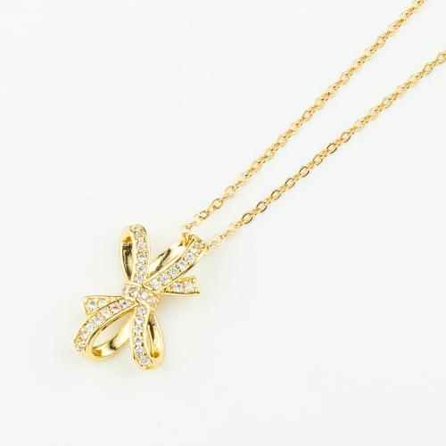 Stainless Steel Jewelry Necklace 304 Stainless Steel with Brass Bowknot plated micro pave cubic zirconia & for woman gold Length Approx 50 cm Sold By PC
