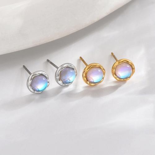 Titanium Steel Stud Earring, with Moonstone, plated, fashion jewelry & for woman, more colors for choice, 6mm, Sold By Pair