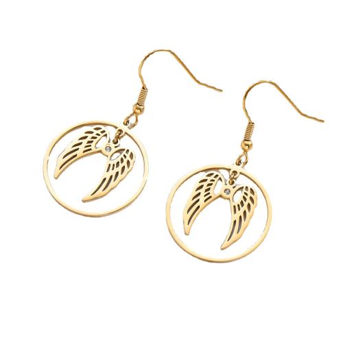 Titanium Steel Drop Earring Feather gold color plated for woman & with rhinestone & hollow 25mm Sold By Pair