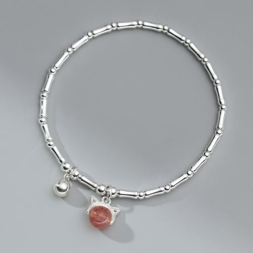 925 Sterling Silver Bracelet, with Strawberry Quartz, Cat, fashion jewelry & for woman, Length:Approx 6.3-9.8 Inch, Sold By PC