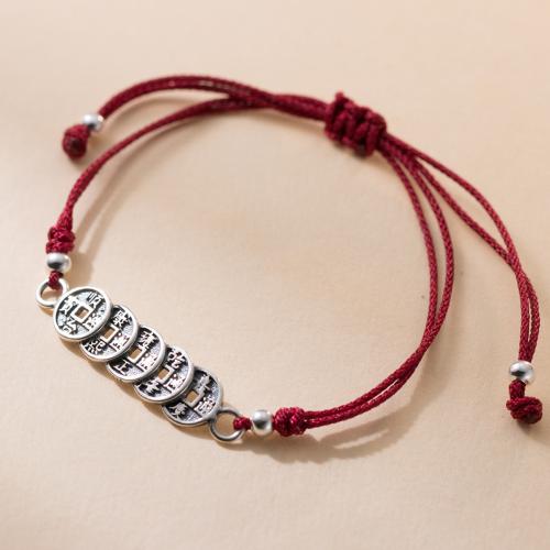 925 Sterling Silver Bracelet, with Polyester Cord, Ancient Chinese Coin, handmade, vintage & for woman, Length:Approx 8.7 Inch, Sold By PC