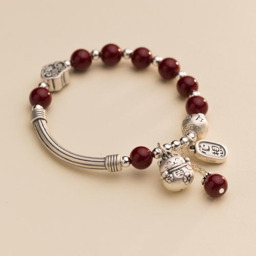 925 Sterling Silver Bracelet, with Cinnabar, Fortune Cat, vintage & for woman, Length:Approx 6.3-9.8 Inch, Sold By PC