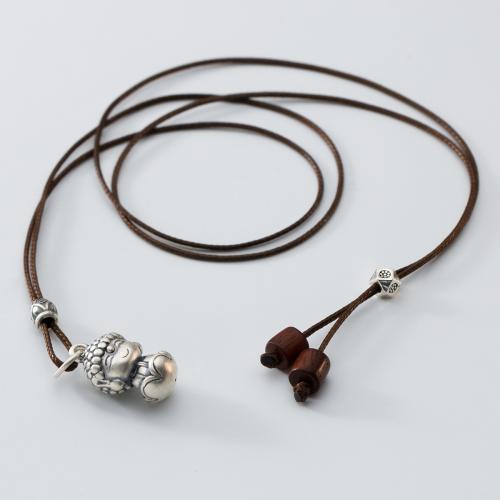 925 Sterling Silver Necklace, with Polyester Cord & Wood, Buddha, vintage & for woman, Length:Approx 26.4 Inch, Sold By PC