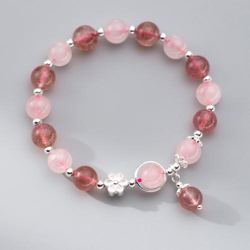 Morango Quartz pulseira, with 925 de prata esterlina & quartzo rosa, Flor, joias de moda & para mulher, comprimento Aprox 5.9-9.4 inchaltura, vendido por PC