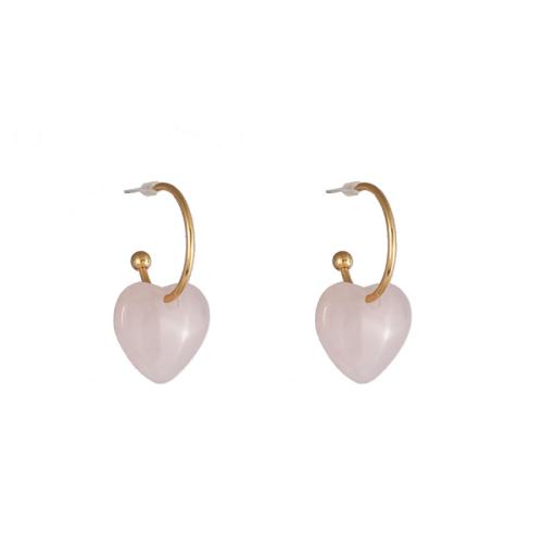 Boucle d'oreille dormeuse en alliage de zinc, avec quartz rose, coeur, bijoux de mode & pour femme, 18x35mm, Vendu par paire