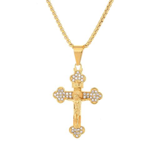 Stainless Steel Cross Pendants, 316 Stainless Steel, fashion jewelry & Unisex & with rhinestone, golden, 33x50mm, Sold By PC
