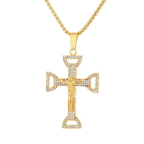 Stainless Steel Cross Pendants, 316 Stainless Steel, fashion jewelry & Unisex & with rhinestone, golden, 38x57mm, Sold By PC