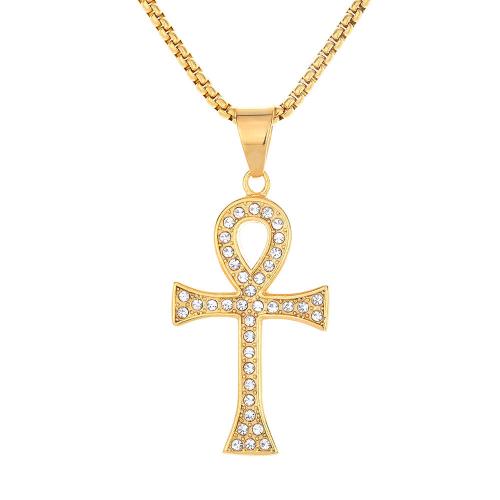 Stainless Steel Cross Pendants, 316 Stainless Steel, fashion jewelry & Unisex & with rhinestone, golden, 28x50mm, Sold By PC
