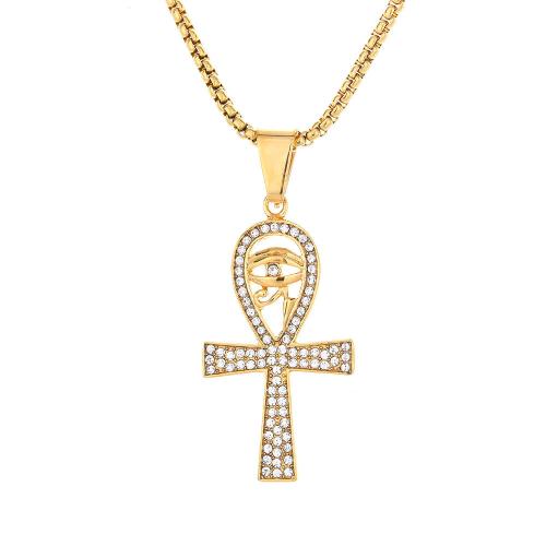 Stainless Steel Cross Pendants, 316 Stainless Steel, fashion jewelry & Unisex & with rhinestone, golden, 26x49mm, Sold By PC