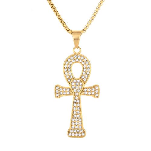 Stainless Steel Cross Pendants, 316 Stainless Steel, fashion jewelry & Unisex & with rhinestone, golden, 30x60mm, Sold By PC