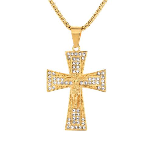 Stainless Steel Cross Pendants, 316 Stainless Steel, fashion jewelry & Unisex & with rhinestone, golden, 37x54mm, Sold By PC