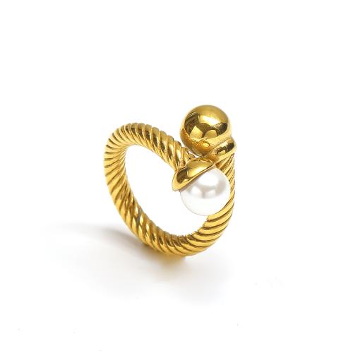Stainless Steel Finger Ring, 304 Stainless Steel, with Plastic Pearl, Vacuum Ion Plating, fashion jewelry & different size for choice & for woman, golden, Sold By PC