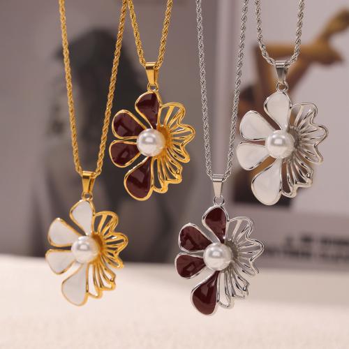 Titanium Steel Necklace, with Plastic Pearl, Flower, plated, for woman & enamel & hollow, more colors for choice, nickel, lead & cadmium free, Sold By PC