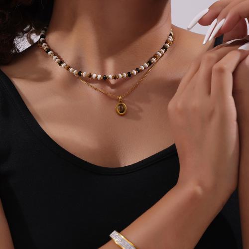 Titanium Steel Necklace with Natural Stone & Tiger Eye gold color plated Double Layer & for woman mixed colors Sold By PC