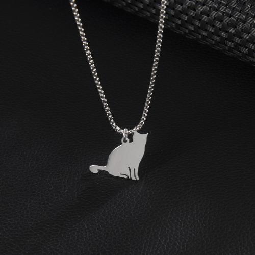Stainless Steel Sweater Chain Necklace, 304 Stainless Steel, Cat, silver color plated, for woman, 25x25mm, Length:60 cm, Sold By PC