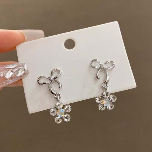 Tibetan Style Drop Earrings, silver color plated, fashion jewelry & with rhinestone, silver color, nickel, lead & cadmium free, 30x14mm, Sold By Pair