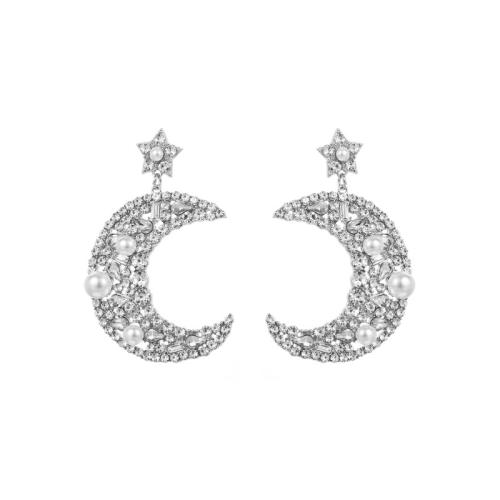 Pendientes de Perno de Aleación de Zinc, con Perlas plásticas, chapado, para mujer & con diamantes de imitación, plateado, 67x45mm, Vendido por Par