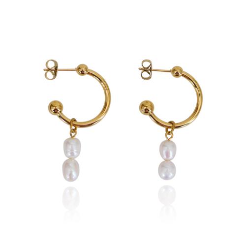 Titanium Steel  Earring, with Freshwater Pearl, plated, different styles for choice & for woman, golden, Sold By Pair